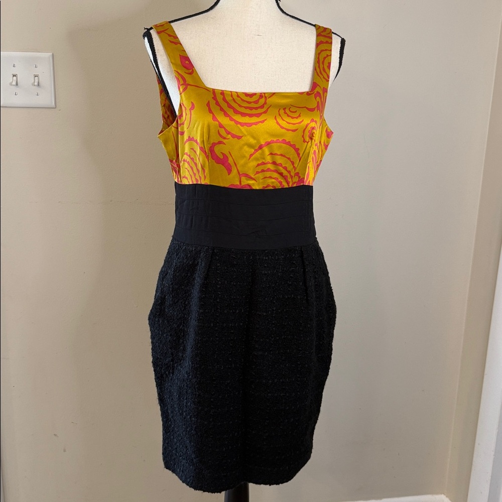 Rachel Rachel Roy wool blend Vibrant Black, Gold & Pink Patterned midi Dress 12